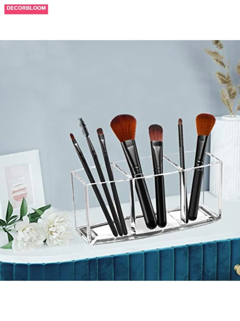 Acrylic Makeup Brush Organizer Holder Clear Cosmetic Storage with 3 Slots